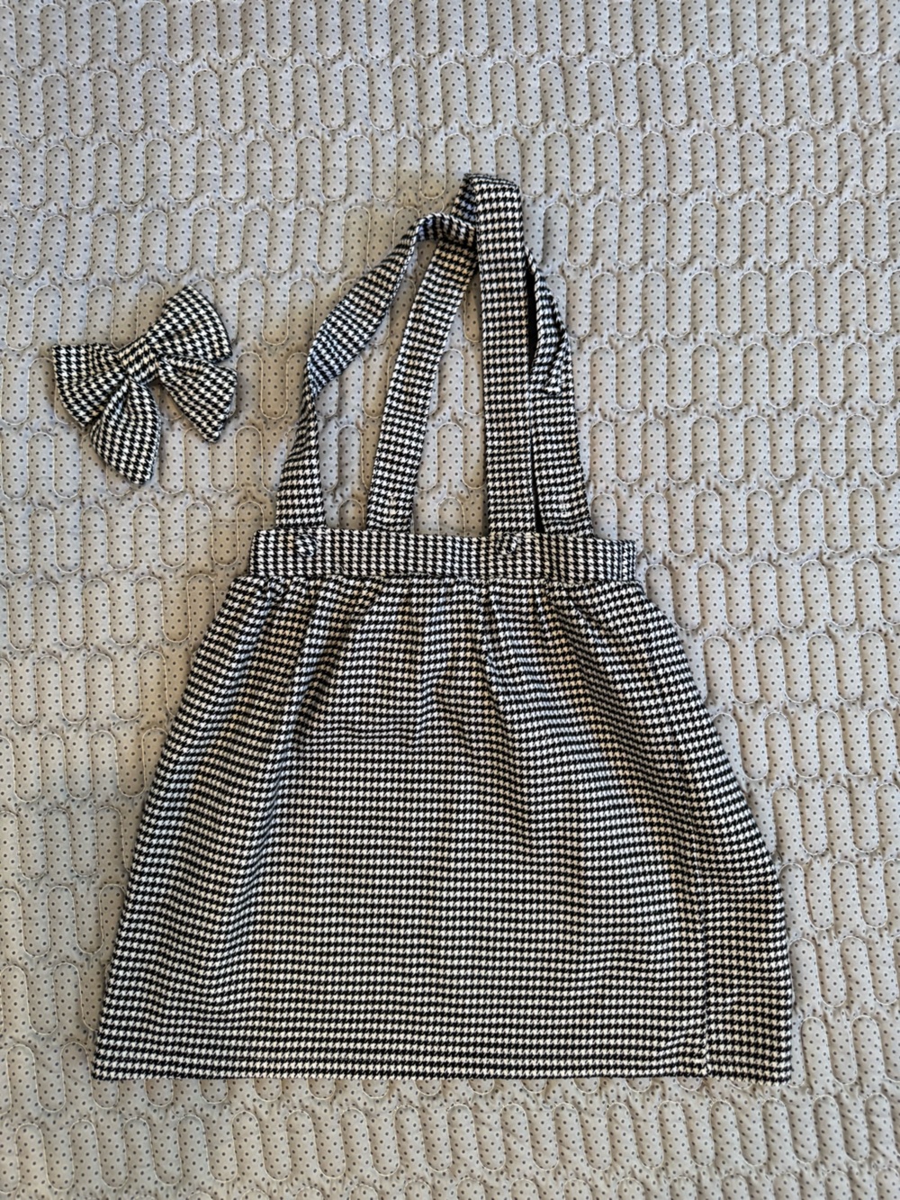 Max Studio Black and White Houndstooth Suspender Skirt with Bow Accent